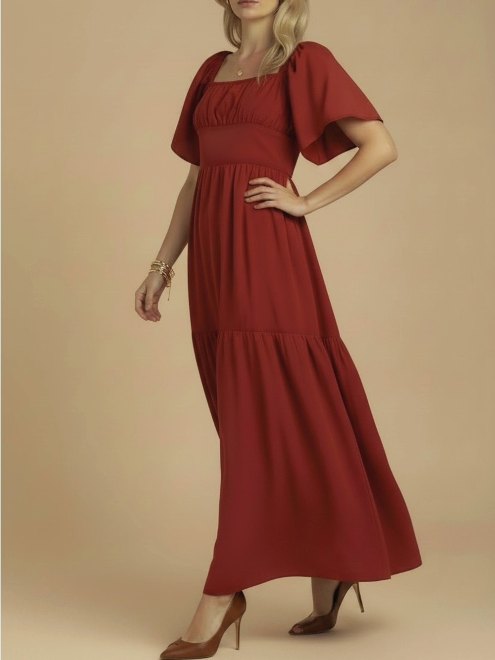 NWT BEYOND WORDS Short Puff Sleeve Smocked Tied Back Tiered Maxi Dress